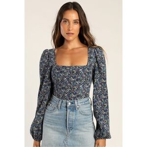 Lulu's NWT Certain Charm Blue Floral Print Corduroy Balloon Sleeve Crop Top | S